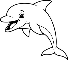 Fototapeta premium Happy cartoon dolphin illustration black and white line art 