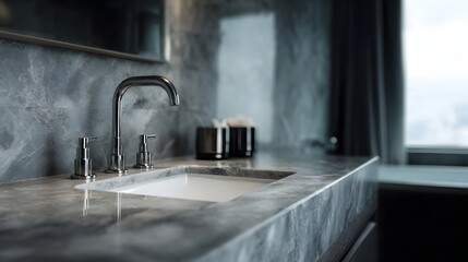 A close up view of a modern bathroom sink with a sleek chrome faucet and a luxurious marble countertop highlighting sophisticated design