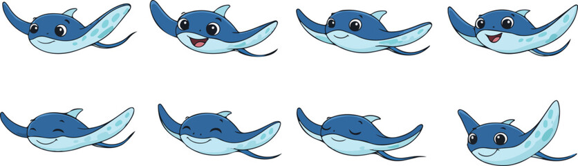vector illustration of manta ray funny cute cartoon mascot character cartoon with 8 poses 01