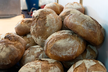 Homemade bread loaves for sale. Cedrillas Teruel Spain Exhibition of animals and food at the Cedrillas livestock and agricultural fair.
