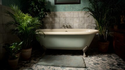 A vintage clawfoot bathtub sits amidst lush green plants in a tranquil bathroom with tiled walls and patterned floors
