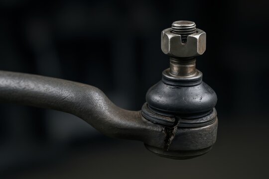 Close up of a worn and cracked automotive steering linkage tie rod end assembly