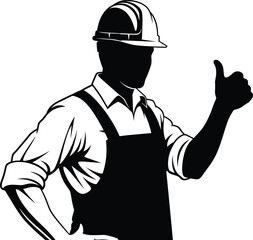 Construction worker vector, thumbs up gesture, safety helmet, overalls, black and white illustration, labor icon, industrial character, approval concept, minimal design