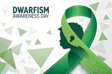 Dwarfism Awareness Day Commemoration with Green Ribbon and Child's Silhouette Against a Dynamic Geometric Background