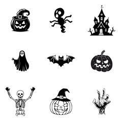 set of Halloween vector design, halloween, pumpkin, vector, cartoon, set, bat, illustration, ghost, icon, holiday, cat, autumn, witch, monster, hat, spooky, horror, spider, black, scary, design
