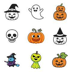 set of Halloween funny vector design, halloween, pumpkin, vector, cartoon, set, bat, illustration, ghost, icon, holiday, cat, autumn, witch, monster, hat, spooky, horror, spider, black, scary, design