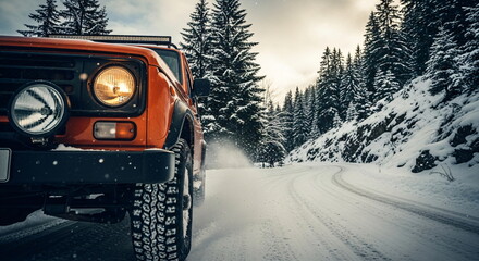 Orange sport utility vehicle driving on a snowy mountain road in a forest during winter for adventure travel footage.