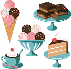 Delicious desserts collection ice cream brownies cake and sweet treats