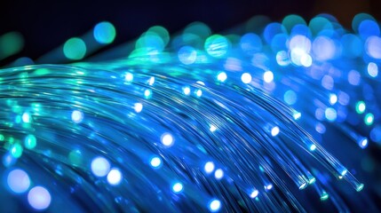 Macro fiber glow single fiber strand golden yellow core visible cladding curved path winds frame total reflection microscopic texture brightness overlapping