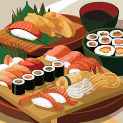 A colorful assortment of traditional japanese sushi and tempura dishes presented