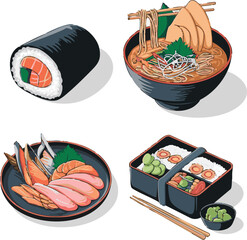 Delicious assortment of traditional japanese cuisine including sushi and ramen