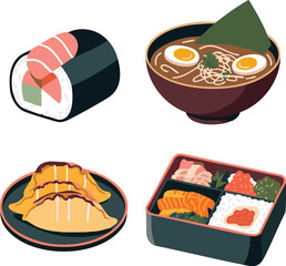 A colorful assortment of traditional japanese cuisine including sushi ramen and bento