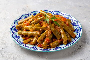 Traditional delicious Turkish food; Green beans with olive oil; Turkish name; Zeytinyagli taze fasulye