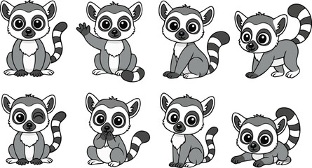 vector illustration of lemur funny cute cartoon mascot character cartoon with 8 poses © weng
