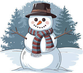 Charming illustration of a snowman with a hat and striped scarf