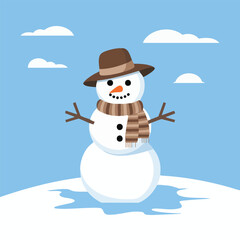 A cheerful snowman stands in the snow with a hat and scarf