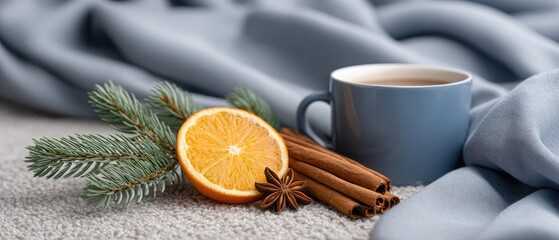 Obraz premium A comforting cup of coffee rests beside cozy textiles, holiday gifts, and natural elements, evoking a festive winter ambiance