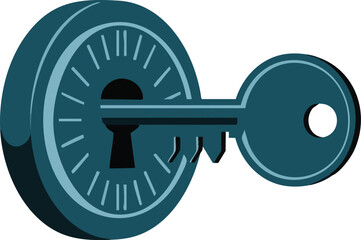 A teal colored key inserted into a matching keyhole illustration