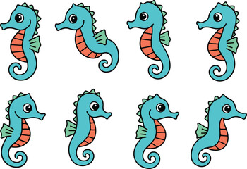 vector illustration of seahorse funny cute cartoon mascot character cartoon with 8 poses 01