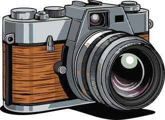 A vintage rangefinder camera illustration with wooden accents and silver details