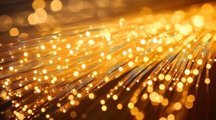 Fiber bundle close macro golden light trails flowing through bundled optical fibers with warm illumination and abstract bokeh patterns