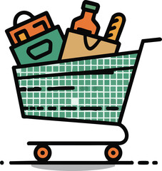 A colorful illustration of a fully loaded grocery shopping cart