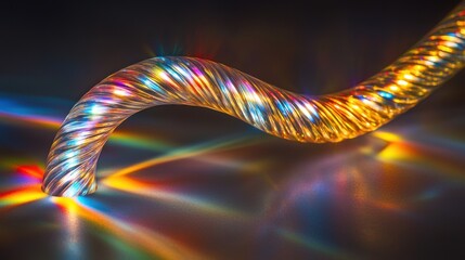 Curved fiber optics cable twisted spiral shape prismatic rainbow light dispersion dark background macro photography professional lighting optical technology