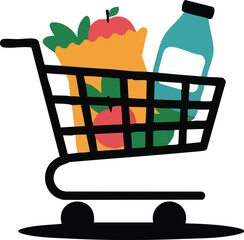 Shopping cart filled with fresh produce a bottle and groceries