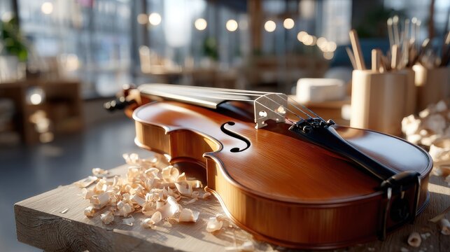 A wooden violin rests on a workbench in a workshop filled with tools, sunlight filtering through the windows, showcasing craftsmanship