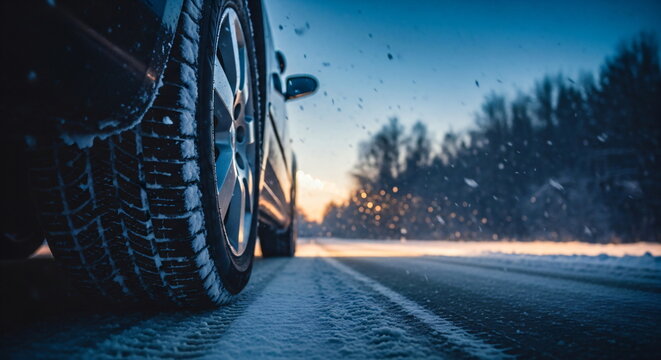 Car wheel with snow on a winter tire driving on a slippery road at night. Dangerous driving condition concept footage