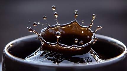 Liquid crown moment coffee splash macro photography dark liquid forming intricate crown pattern with pointed projections in ceramic cup captured