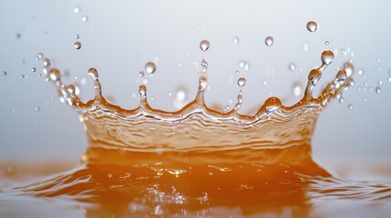 Crown formation splash orange liquid droplet collision creating dramatic splash crown with suspended droplets macro photography professional lighting