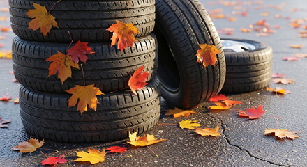 Car tire with snow and autumn leaves. Winter season coming soon concept. Weather changing from fall to cold.