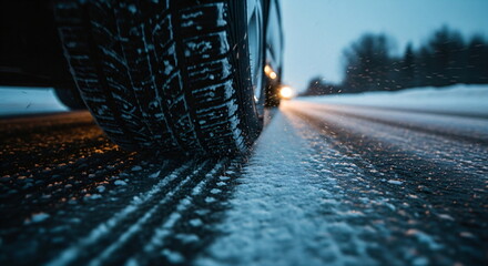 Car wheel with snow on a winter tire driving on a slippery road at night. Dangerous driving condition concept footage