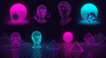 Retro Futuristic Vector Set, Abstract Geometric Shapes, Wireframe Sculptures, and Cyberpunk Techno Art in Neon Psychedelic Style