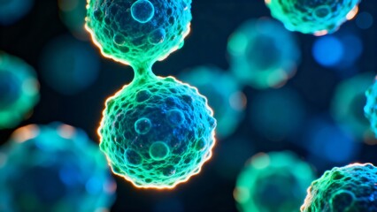 3D Illustration of Cell Division Under Microscope – Mitosis Process, Biological Science, Medical Research, Genetics, Biotechnology, Abstract Microscopic Life, Stem Cells, Futuristic Concept