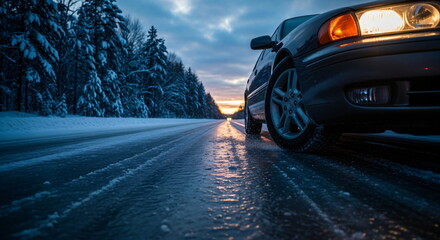 Car with brake light on a snowy road in a winter forest, cold weather travel and holiday season concept footage.