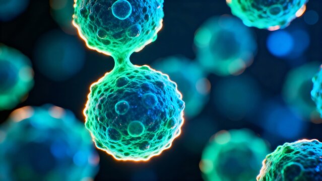 3D Illustration of Cell Division Under Microscope – Mitosis Process, Biological Science, Medical Research, Genetics, Biotechnology, Abstract Microscopic Life, Stem Cells, Futuristic Concept