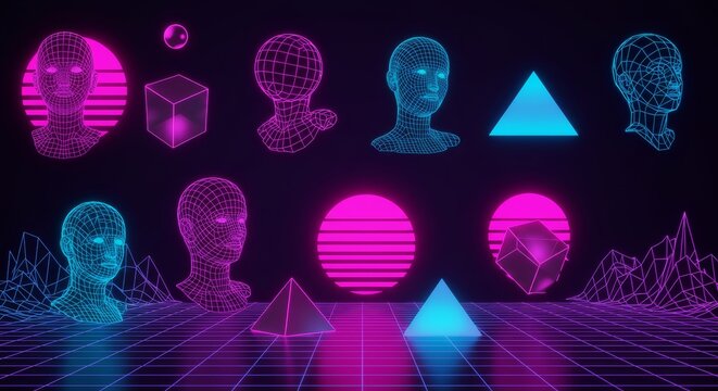 Retro Futuristic Vector Set, Abstract Geometric Shapes, Wireframe Sculptures, and Cyberpunk Techno Art in Neon Psychedelic Style