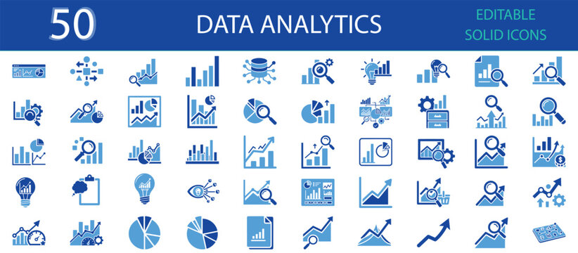 Data analytics solid fill icons set of 50 vector symbols for charts, graphs, reports, insights, research, growth, and business intelligence. Editable blue solid glyph icons for analytical design use