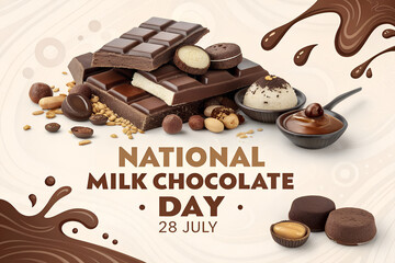 Decadent Overhead View of Stacked Milk Chocolate Bars, Truffles, and Nuts with Splashes, Celebrating National Milk Chocolate Day, 28 July