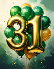 A collection of green, gold balloons with a '31' gold number