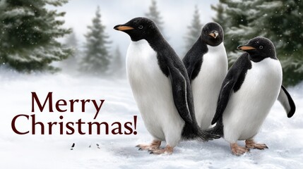 Obraz premium Three cheerful penguins stand in the snow, wearing cozy hats, celebrating the winter holiday with joyful greetings and a frosty backdrop.