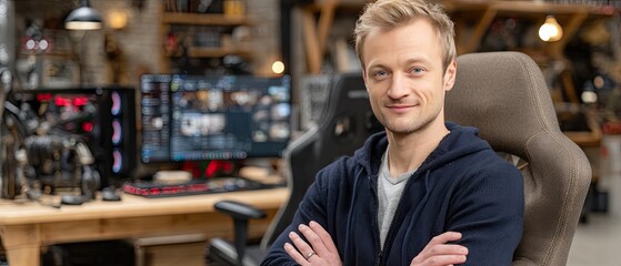 Fototapeta premium A young man exudes confidence while seated comfortably in a gaming chair, surrounded by high-tech equipment and a contemporary setup