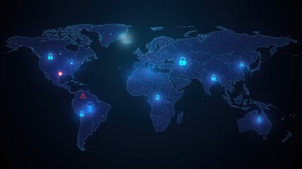 Global cybersecurity network map with glowing locks and warning signs, visualizing digital protection and threat detection across the world
