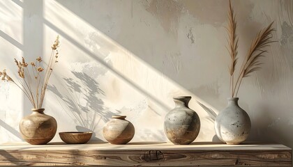 Rustic Ceramic Vases with Dried Flowers on Wooden Shelf.