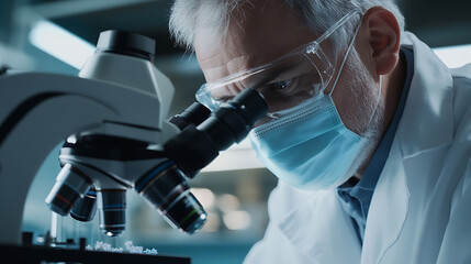 A focused scientist, clad in protective gear, meticulously examines samples through a microscope, advancing research and knowledge in the lab setting.