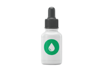 Dropper bottle with green drop logo isolated PNG, essential oil or serum container for beauty and healthcare products on transparent background