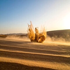 Explosion of sand cloud in a desert landscape, sunset light