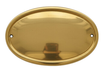 Gold oval nameplate PNG isolated on transparent background, blank metal plaque for engraving and labeling purposes, shiny brass surface